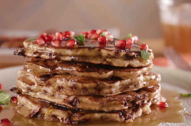 Chocolate Chip-Pistachio Pancakes with Salted Honey Caramel Syrup recipe