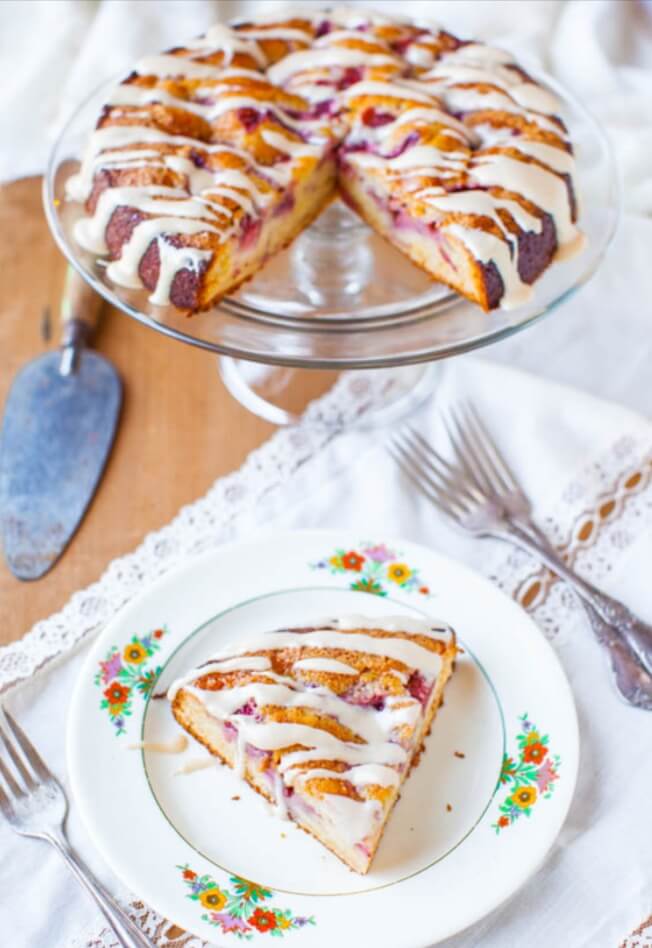 Strawberries and Cream Coffee Cake with Vanilla Cream Cheese Glaze recipe